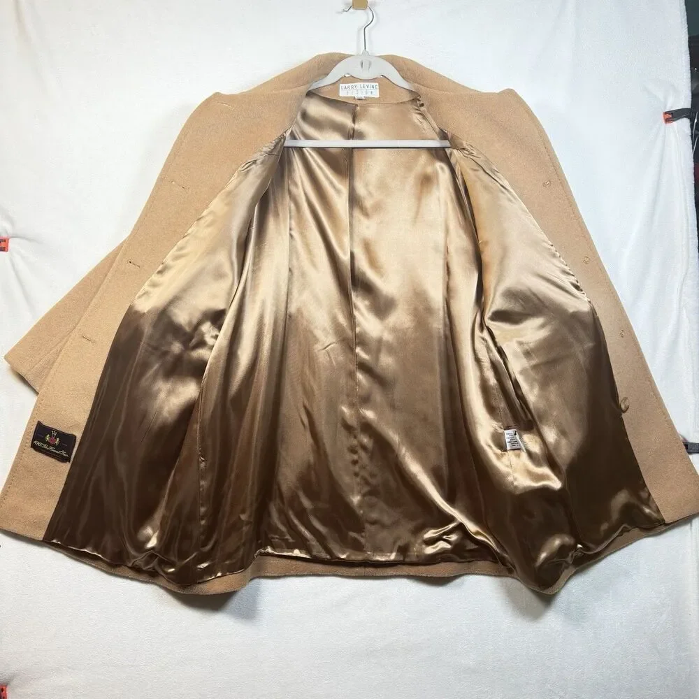 Larry Levine 100% Camel Hair Coat 14P Petite Tan Natural Overcoat Italy Fabric
